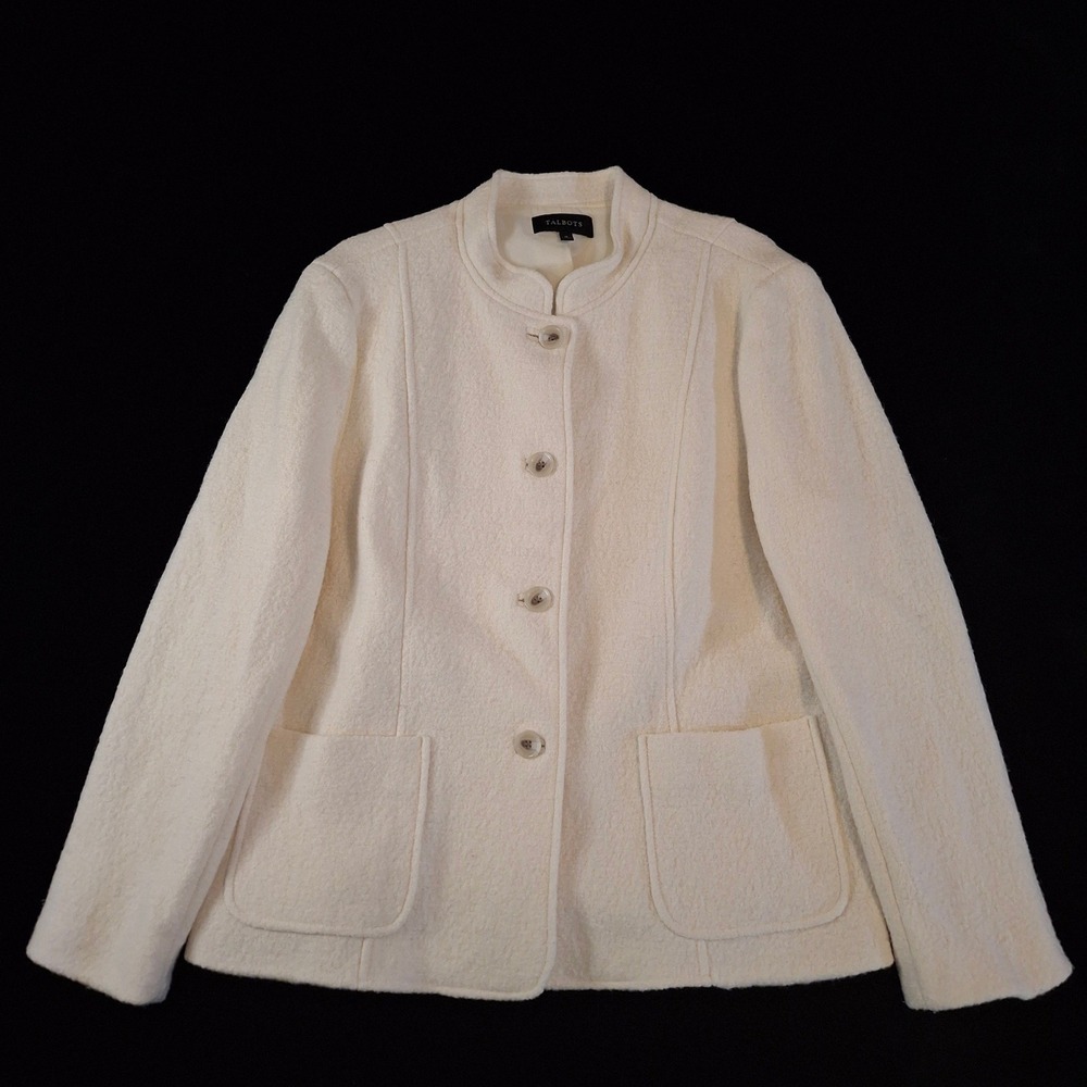 Talbots Women 18 Blazer Jacket Cream Boiled Wool Blend Mock Neck Button Front